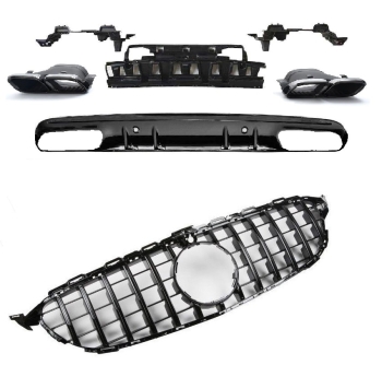 Mercedes A205 C205 Cabrio Coupe Umbau C63 AMG Optik Set Panamericana GT C63 Grill Vorfacelift + C63 Diffusor Schwarz Glanz