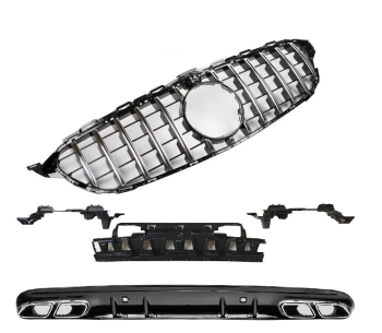 Mercedes A205 C205 Cabrio Coupe Umbau C63 AMG Optik Set Panamericana GT C63 Grill Vorfacelift + C63 Diffusor Chrom Schwarz